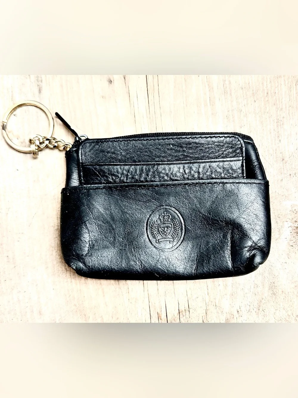Black Leather Key Wallet Coin Pouch with Gold Keyring
